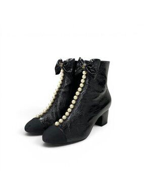 Chanel Boots Short Shoes Leather Fabric Black CC Logo Ribbon Pearl Crinkle